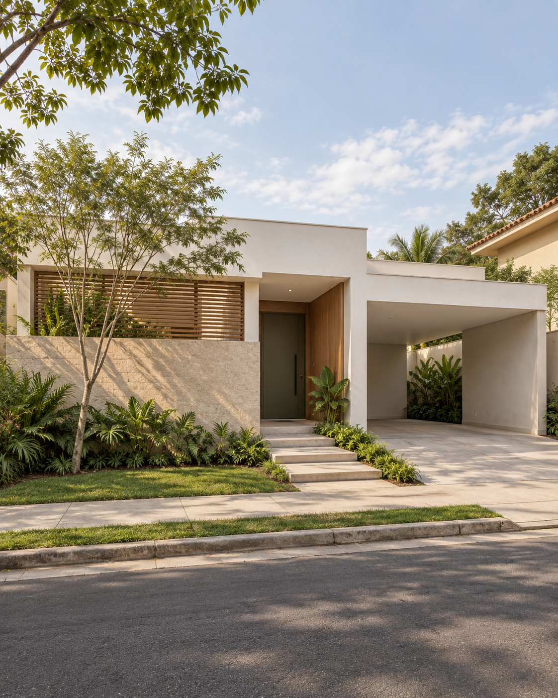 Estudo visual de uma casa urbana com jardim e entrada recuada