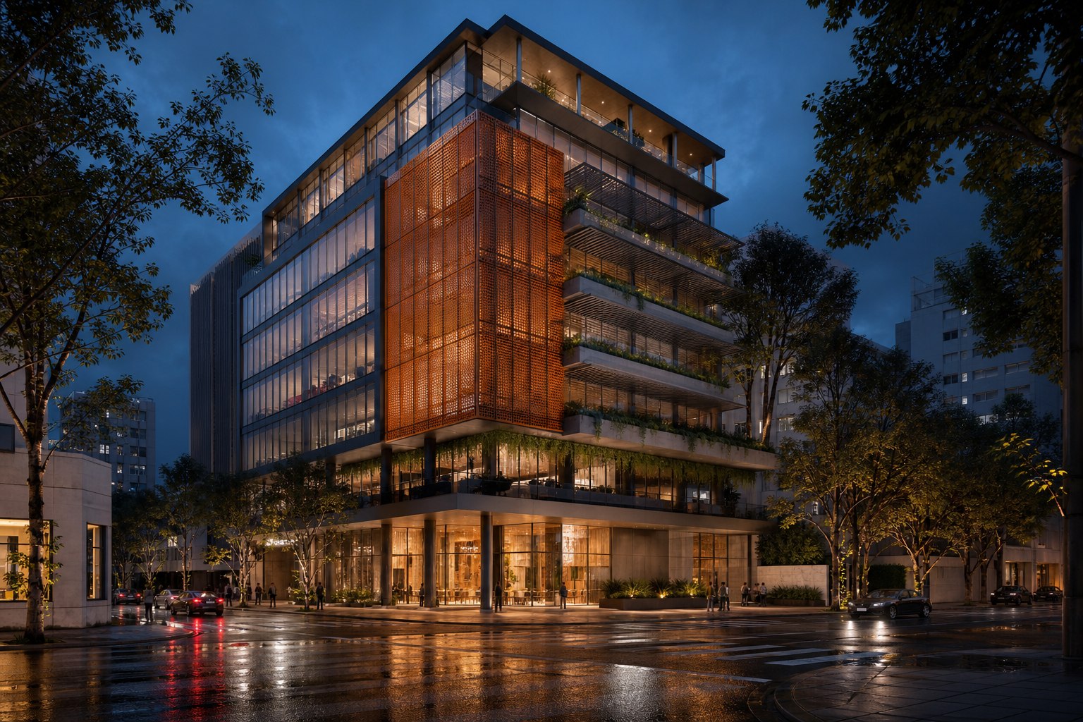 Visualização conceitual de edifício comercial e corporativo